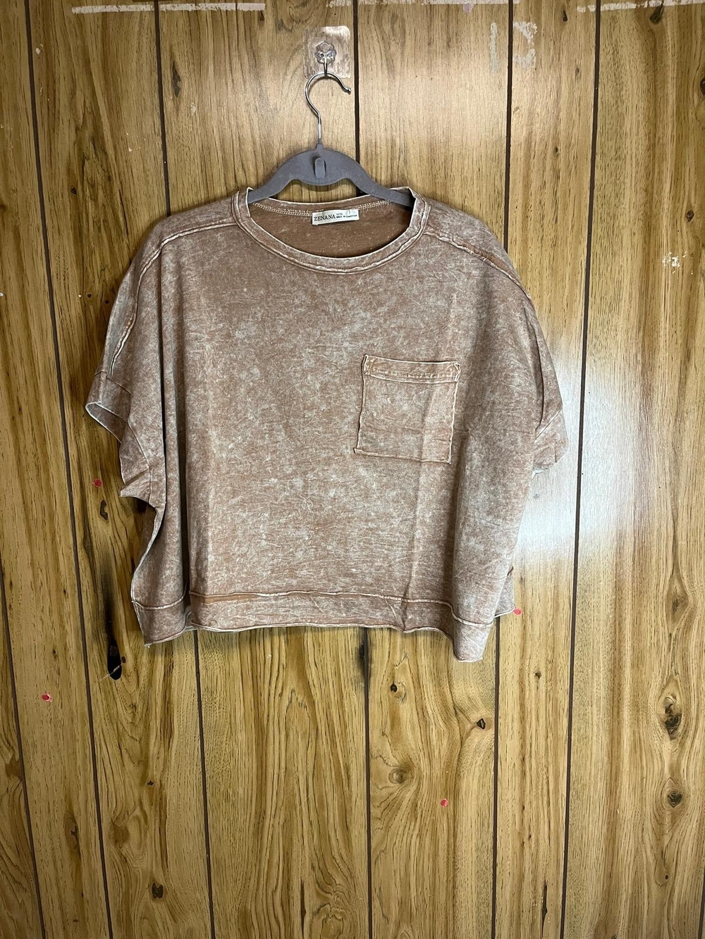 Zenana Outfitters Cropped Mineral Wash Pocket Tee - Brown